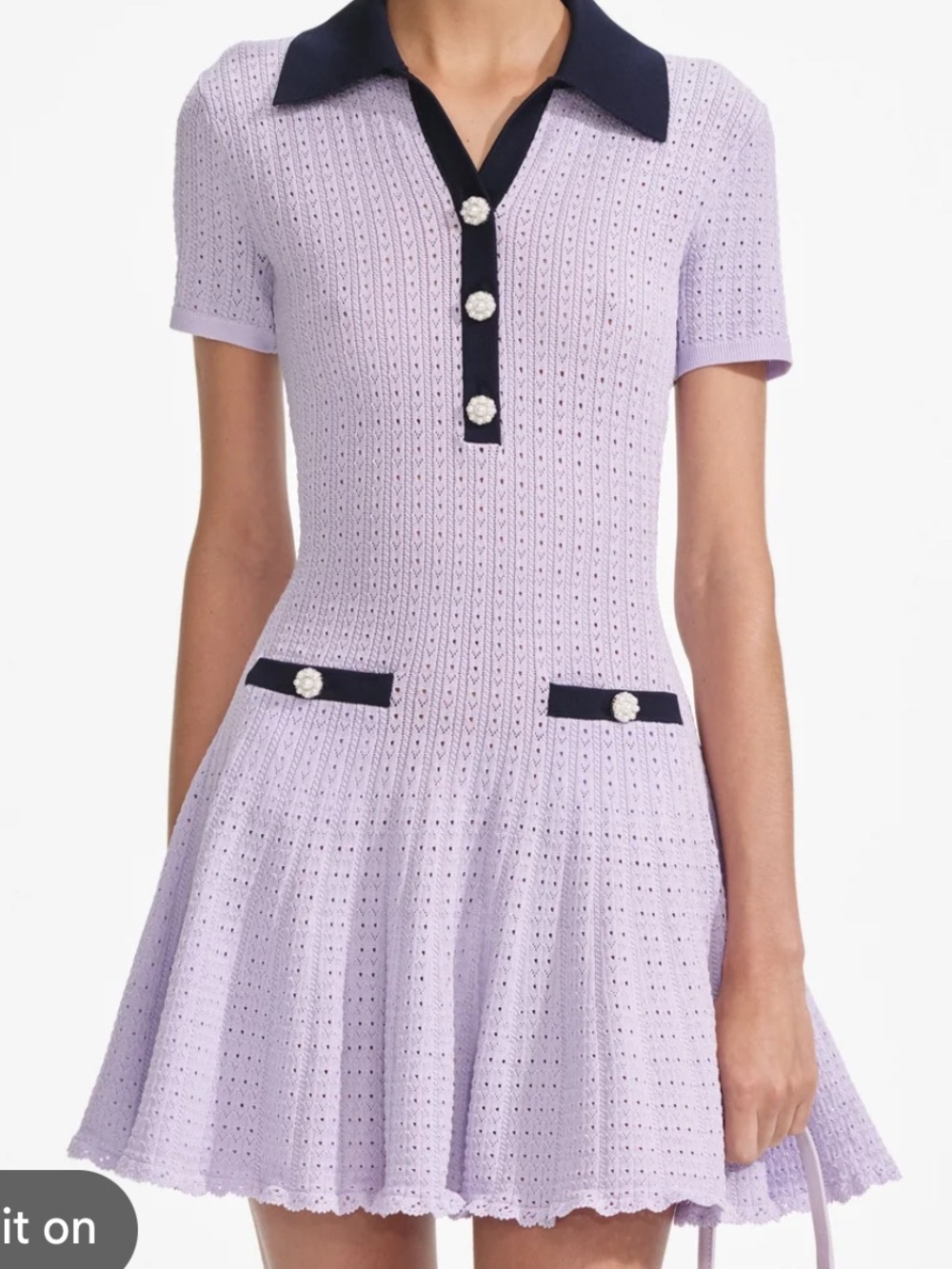 Self-Portrait Lavender Pointelle Polo Dress with Navy Trim